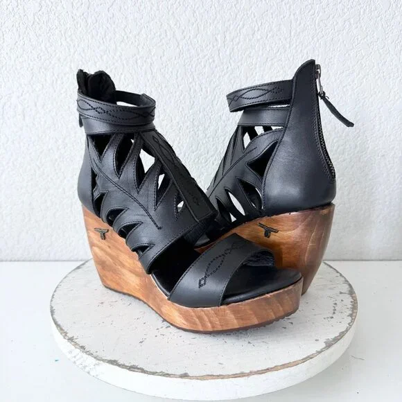 Lane Boots BECCA Womens Black Wedges 8.5 Western Sandals Cowgirl Wooden Heels - Picture 10 of 10